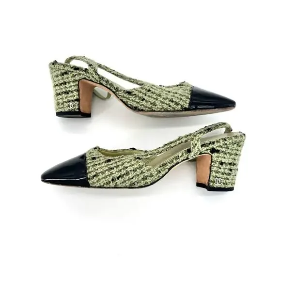 Chanel CC Logo Green Wool Tweed Patent Cap Toe Slingback Heeled Sandals 37 - Picture 4 of 7